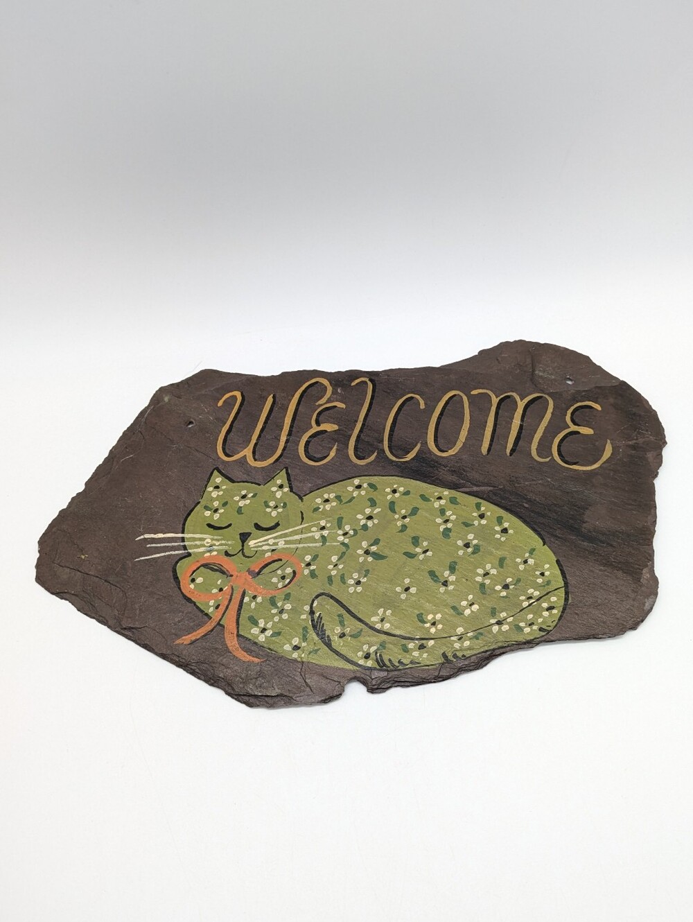 Hand Painted Slate Green Orange Sleeping Welcome Cat Home Decor